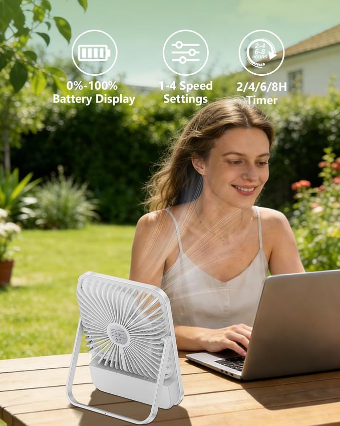 8000mAh 28hrs Portable Travel Fan with Timer&Light, Ultra-Thin,7in | <42dB quiet for sleeping,cruise approved,4 Speeds,3 Lighting Modes,LED Display,Battery Powered Fan for Travel Hotel Office - Image 3