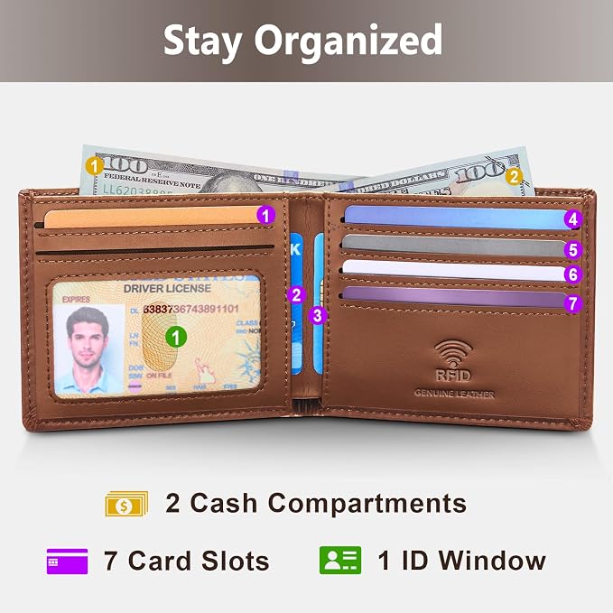 Travelambo Leather Wallet for Men, Slim Minimalist RFID Credit Card Holder | Mens Thin Bifold Pocket Wallet, Gift for Father, Tan - Image 2