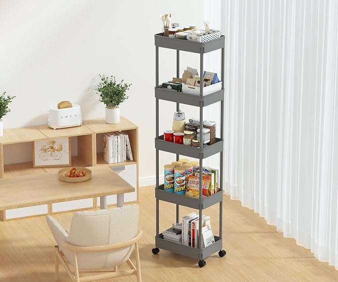 Sooyee 5-Tier Plastic Rolling Utility Cart with Wheels, Grey | Multi-Functional Storage Trolley for Office, Living Room, Kitchen, Movable Storage Organizer with Wheels - Image 2