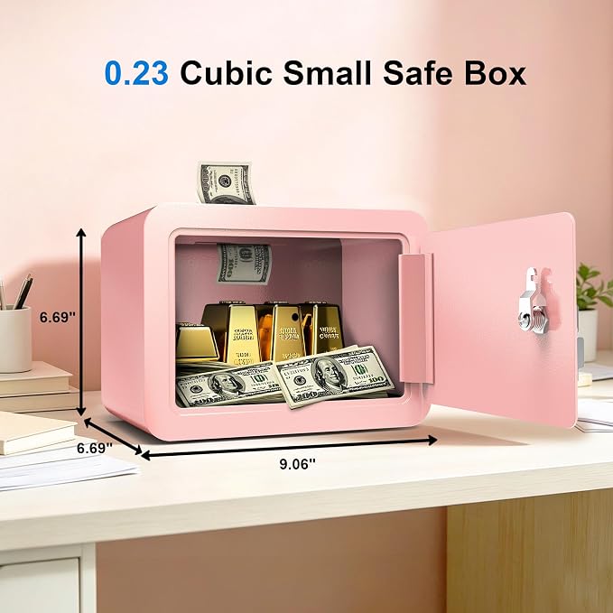 Pink Safe Kids Safe Mini Safes for Kids Small Safes for Home Dorm Safety Box for Money Cash Documents Mini Lock Box with Key Pink Portable (0.23 cubic feet) - Image 6