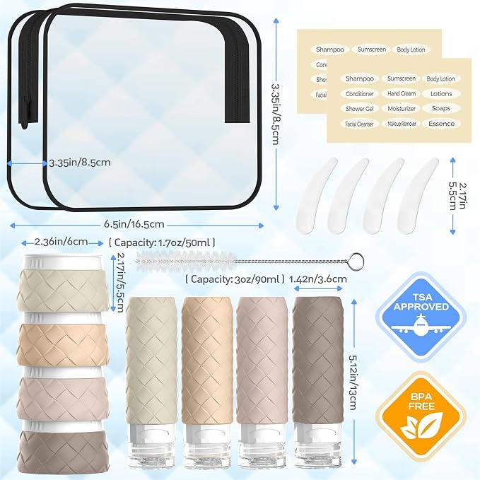 16 Pack Travel Bottles for Toiletries, TSA Approved Travel Size Toiletries Containers Set, BPA-Free Silicone Leak Proof Refillable Bottles Stackable Creams Jars Accessories Kit W/Clear Bag(Cream) - Image 2