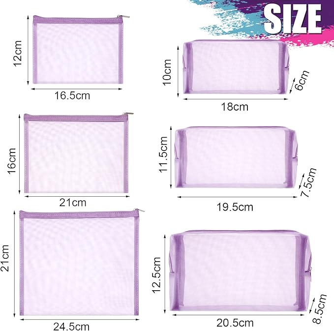 6 Pieces Mesh Makeup Bags Mesh Cosmetic Bag Portable Travel Organizing Zipper Pouch Toiletries Makeup Pouches for Home Office Travel Accessories - Image 2
