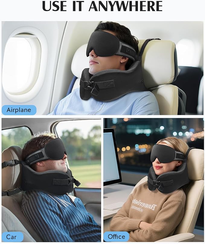 YFONG Travel Pillow with Head Support & Sleep Mask for Long Flights, Black | Patented 360° Support System, Prevents Bobbing, Airplane Head Strap, 3D Eye Mask, Memory Foam Neck Pillow, Travel Essential - Image 9