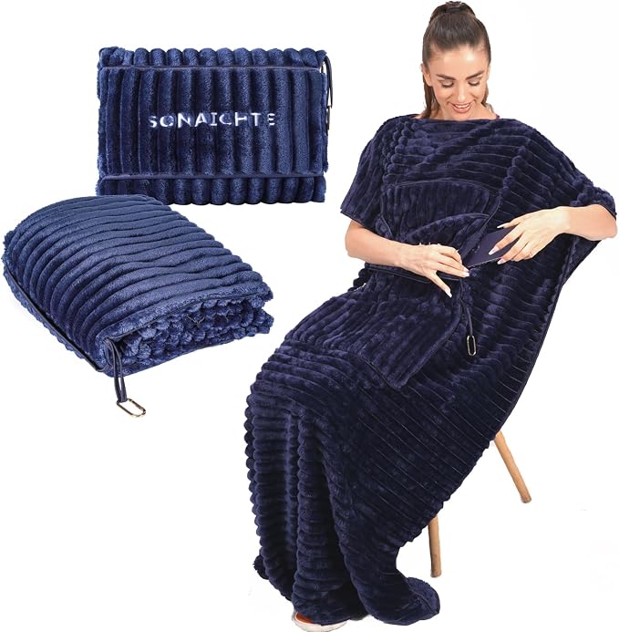 Travel Pillow and Blanket Set Travel Blanket Airplane Compact with Bag Travel Blanket Airplane Travel Essentials Car Blankets for Adults (Navy Blue) by SONAICHTE