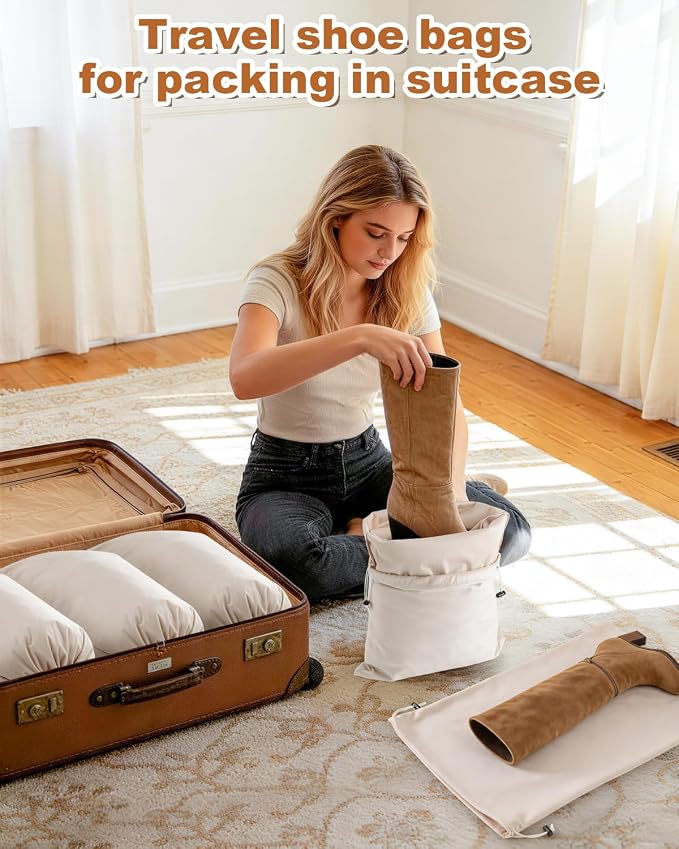 4 Pcs Shoe Bags for Travel, Large Boot Bag, Beige, 21.2x13.3 Inch | Washable & Reusable Travel Shoe Bags, Dustproof Shoe Bags with Drawstring Closure, Suitable for Travel, Home Storage - Image 5