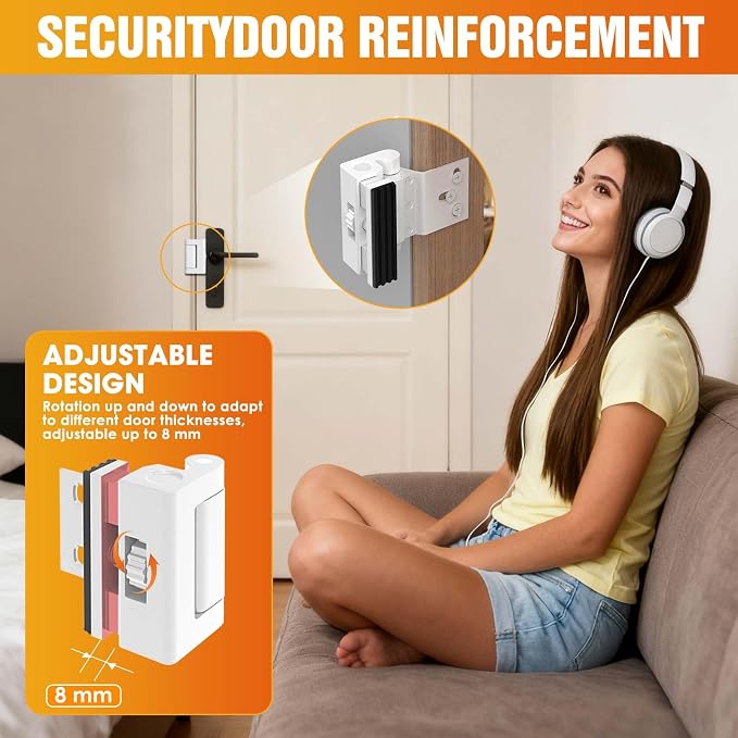 800lbs Force Door Reinforcement Lock - Heavy Duty Security for Inward Swing Doors, Aluminum Alloy Deadbolt with 8 Screws, for Apartment & Home Safety (2, White - Screw Fixation) - Image 2