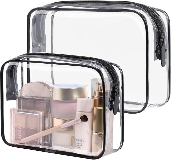 Clear Makeup Bag for Travel - TSA Approved Toiletry Bag, 2 Black | 1 Medium Quart Carry-On & 1 Large Checked-Luggage, Reinforced Seams, Water-resistant, Clear Easy-Check for Airport, Women by Packism