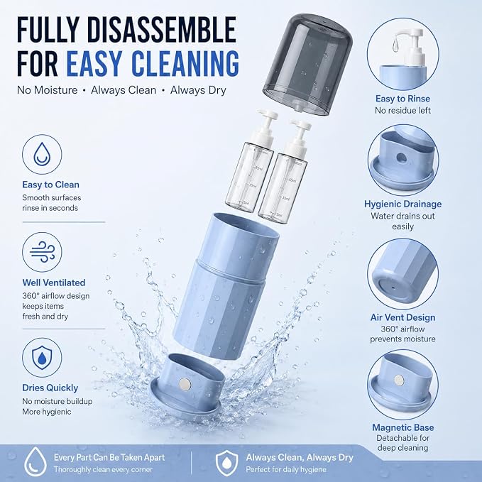 All-in-One Travel Toiletry Organizer with 2 TSA-Approved Size Pump Bottles, Rinse Cup, Quick-Dry Toothbrush Holder & Hidden Storage for Travel, Gym & Dorm - Image 3