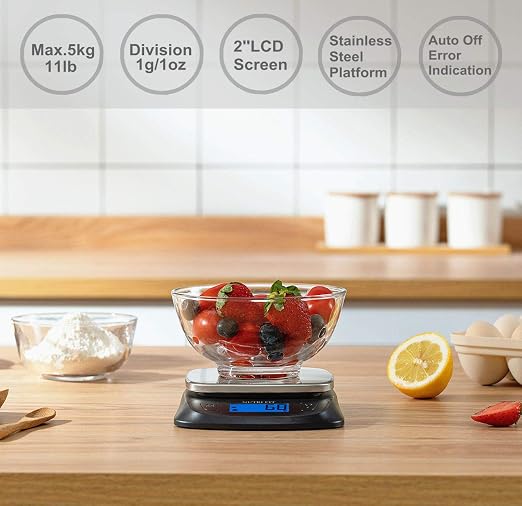 Kitchen Scales Digital Food Scale Cooking in Grams & Ounces Black | Stainless Steel, Max 11lb 1g Increment, Backlit LCD Screen, Baking Food Weight Scale for Sourdough Bread, Include Battery - Image 2