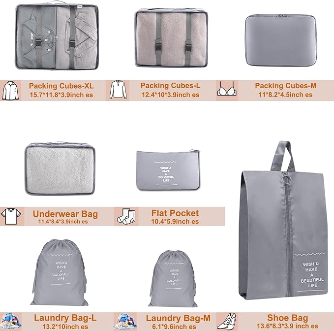 Packing Cubes for Travel- 8 Set Luggage Organizer Bags for Family, Mesh Breathable Travel Packing Cubes for Suitcases Durable Travel Essentials Bags Set (Grey, 8 Set) - Image 3