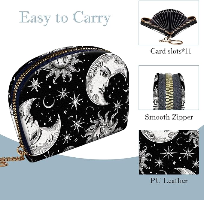 Women's Slim RFID Wallet – Compact Leather Card Holder Wallet for Women, 9 Card Slots RFID Blocking Credit Card Organizer, Small Travel Wallet - Vintage Sun Moon Stars - Image 4