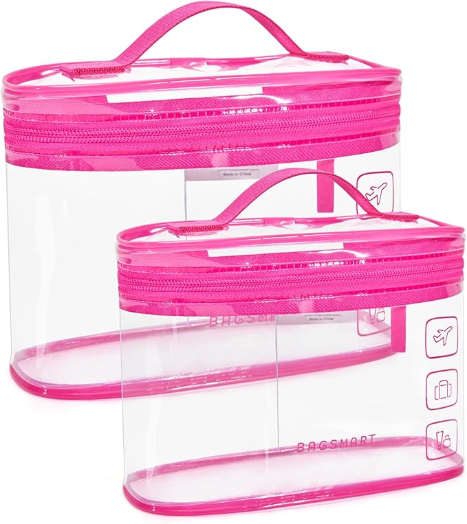 BAGSMART TSA Approved Toiletry Bag, 2 Pack Clear Makeup Cosmetic Bag Organizer, Quart Size Travel Bag for Toiletries, Carry-on Travel Accessories Essentials, Rose Red-2pcs by BAGSMART
