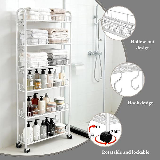 Slim Rolling Storage Cart with Wheels, 6in 6 Tier White | Narrow Space Shelving Unit, Metal Wire Mobile Organizer Rack for Kitchen Bathroom Office Laundry - Image 4