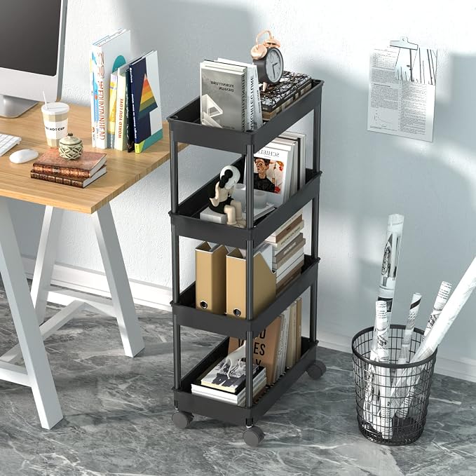 Sooyee 4 Tier Wide Storage Cart, Mobile Shelving Unit Organizer, Black | Slide Out Storage Rolling Utility Cart Tower Rack for Kitchen Bathroom Laundry, Plastic & Stainless Steel - Image 5