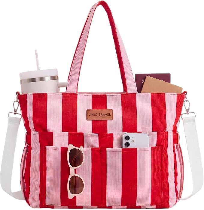 Kacctyen Striped Beach Tote Bag for Women Large Beach Foldable Tote Bag with Zipper Pockets for Travel Pool by Kacctyen