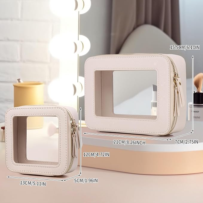 Pinkmik Clear Makeup Bag, (Beige, M+MINI) | 2PC,Waterproof, Travel Case for Cosmetics and Toiletries, Women's Purse Organizer, Clear Car Bag with Zippe - Image 4