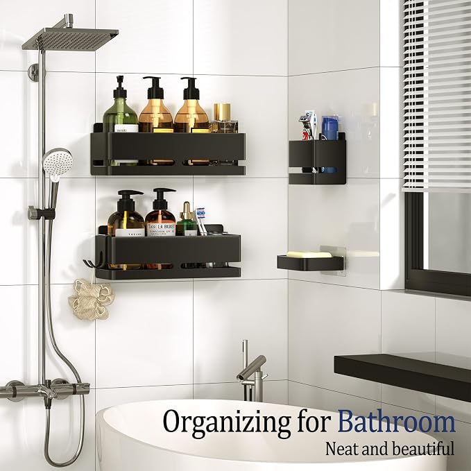 Bathroom Shower Caddy,No Drill Shower Shelves(5-piece Set-Black) | Wall-mounted shelf with soap dish and toothbrush holder, ideal for bathroom storage and also suitable for kitchen - Image 3