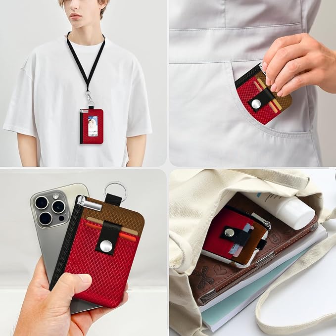 Minimalist RFID Blocking Small Wallet with ID Window,WaterResistant Zip Id Case Wallet with Lanyard Keychain for Cards,Cash,Travel,Women,Men (Red/Brown) - Image 9