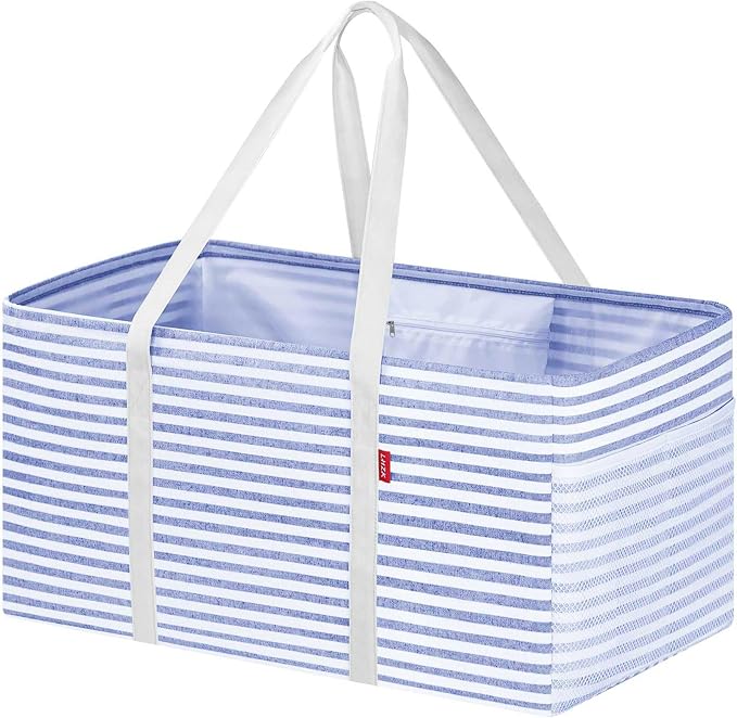 LHZK Standing Extra Large Utility Tote Bag with Metal Wire Frame and the Sides Rinforced, Extra Large Tote Bag with Handle, Reusable Grocery Bags Foldable, Beach Bag, Car Tote (Blue, 26''x15''x13'') by LHZK
