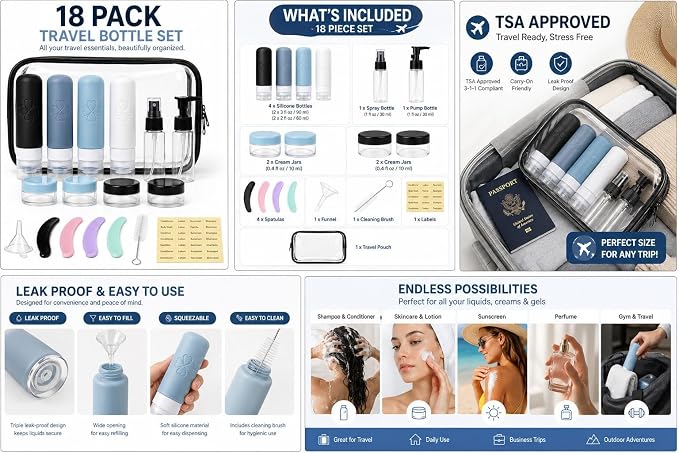 18 Pack TSA Approved Travel Bottles for Toiletries – Leak Proof Silicone Refillable Containers Set with Toiletry Bag, Squeeze Bottles, Spray Bottles & Cream Jars for Shampoo, Conditioner & Lotion - Image 3