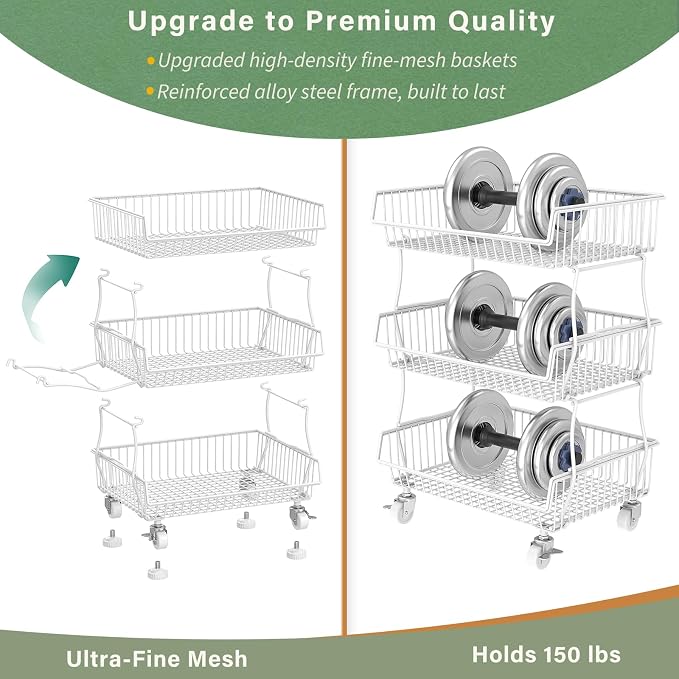 OKZEST Pantry Organizers and Storage Cart with Upgraded Metal Hub Casters | Fits under pantry shelf, Stackable fine-mesh wire baskets, 3-Tier rolling cart holds drink, snack, can, potato, onion, fruit - Image 3