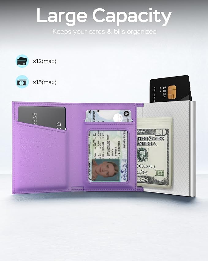 RFID Wallet for Women with AirTag Holder - Slim Small Trifold Wallets Anti-Theft Pop up Card Holder for Air Tag, Front Pocket, Minimalist, Premium Leather, Ultra Thin, ID Window, Cash Slot - Image 4