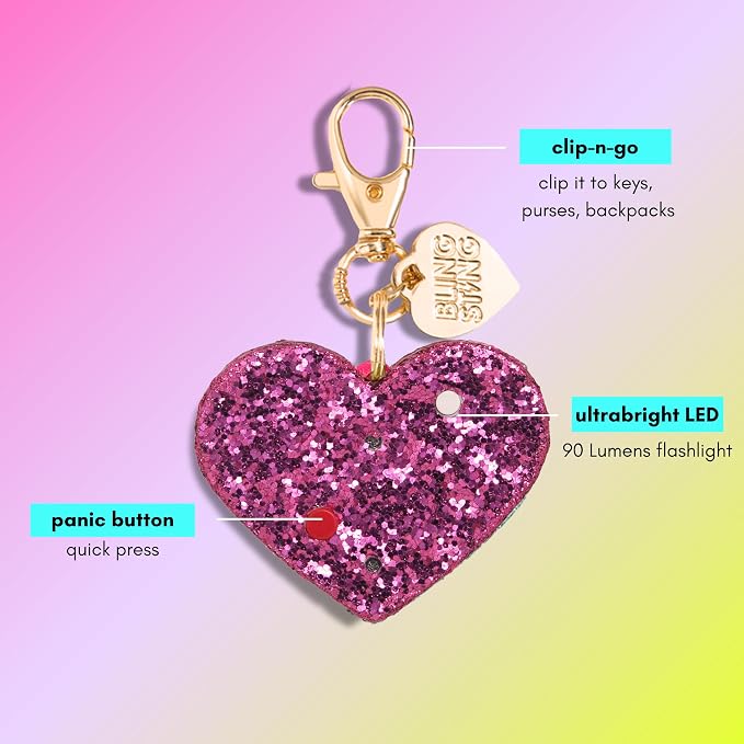Personal Safety Alarm for Women - Pink Glitter Heart Self-Defense Keychain, LED Light - 125 Decibel Emergency Security Alarm (1 Count) - Image 3