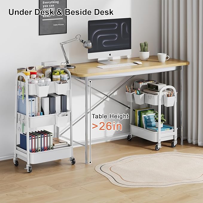2 Tier Rolling Cart Metal with Wheels,White Under Desk Storage Roller Carts | Two Tiered Short Shelf Trolley, Small Utility Organizer Caddy on Wheels for Dorm, Bathroom, Craft, Art, Baby, Pantry, Snack - Image 4