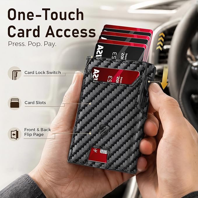 RUNBOX Wallet for Men, RFID Blocking Pop-Up Card Holder, Carbon Black | Minimalist Aluminum Smart Wallet with ID Window, Compact Credit Card Holder, Stretchable Cash Slot, Birthday Gift for Men - Image 2