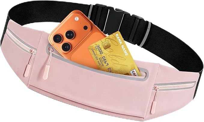 Slim Running Belt for Women Men,Phone Holder Waist Pack,Runners Fanny Pack | No-Bounce,Sweat-Proof Pocket,Travel Money Pouch for Gym/Hiking/Cycling,Three pocket,Two Highly Reflective Strips by Unknown