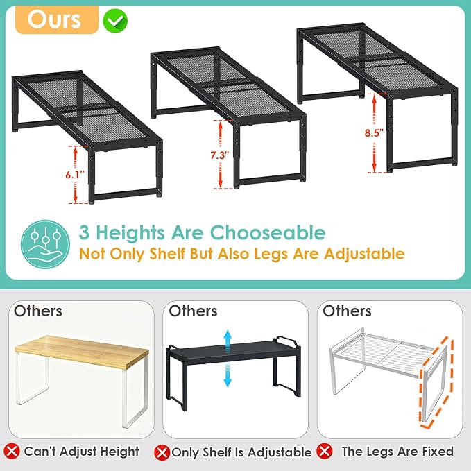 2 Pack Expandable Kitchen Cabinet Shelf Organizer, 15.5"-25.5" Long Adjustable Storage Shelves Organizers for Kitchen Countertop Pantry Cupboard Table Desk Counter, Stackable, 30LBS Load Capacity - Image 3