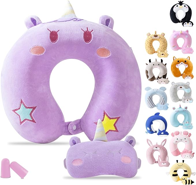 Cirorld Travel Pillow for Kids Adult Cute Neck Pillow for Traveling Memory Foam Airplane Pillow Sleep Mask Animal Flight Pillow Head Rest Neck Support for Cars Long Flights (Purple, 9-12 Y/O) by CIRORLD