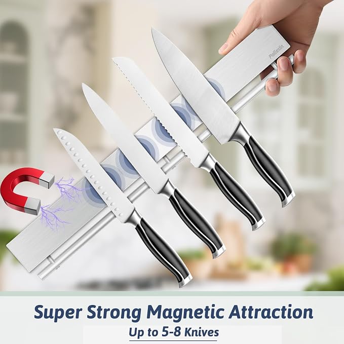 17 Inch Magnetic Knife Holder for Wall - Stainless Steel Knife Magnetic Strip No Drill with 10 Hooks/Adhesive Tape/Screws, Kitchen Utensil Holder, Magnetic Knife Organizer, Wall Mounted Knife Storage - Image 4