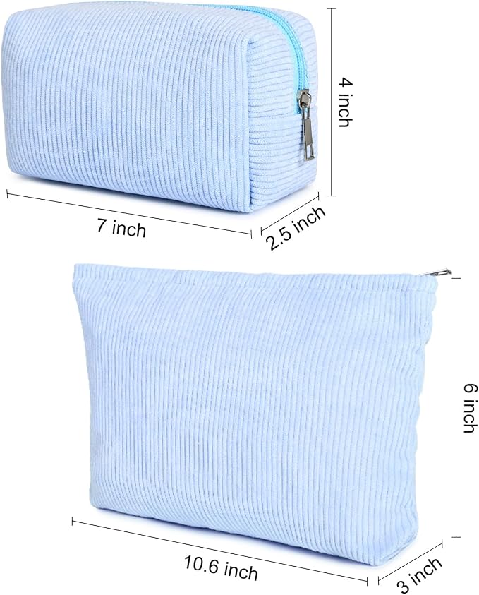 SOIDRAM 2 Pieces Makeup Bag Large Corduroy Cosmetic Bag Capacity Canvas Mix Travel Toiletry Bag Organizer Cute Makeup Brushes Aesthetic Accessories Storage Bag for Women, Corduroy Mix Blue - Image 3