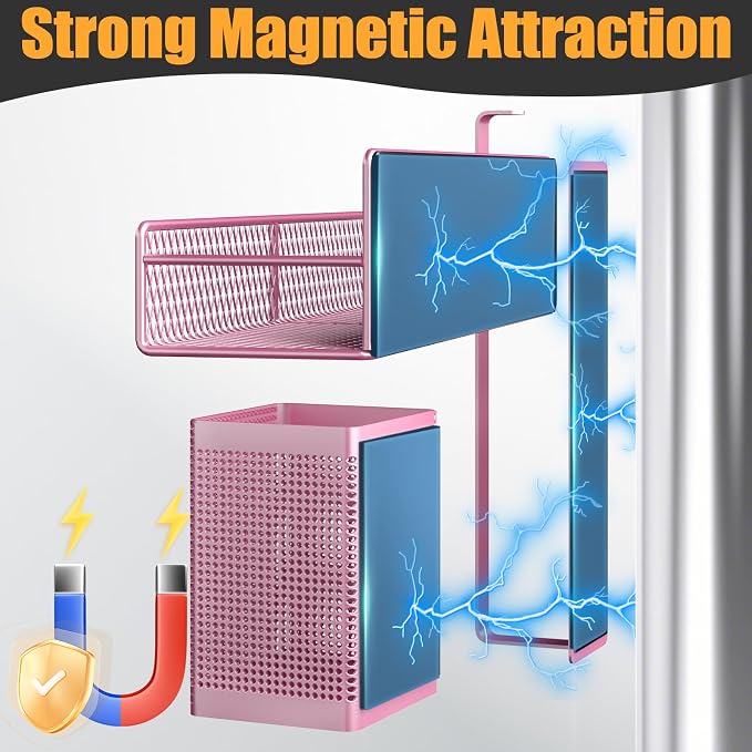 Magnetic Spice Rack for Refrigerator, 6 Pack Metal Magnetic Shelf Pink, Moveable Spice Organizer, Strong Magnetic Storage Fridge Organizer with Paper Towel Holder, Utensils Holder - Image 3