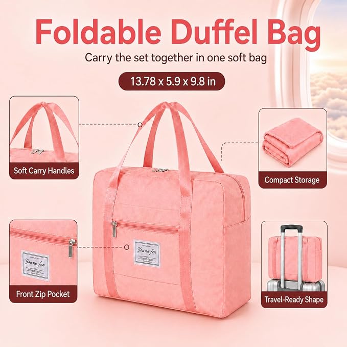Travel Blanket and Pillow Set - Hooded Neck Pillow Airplane Essentials Pink | Memory Foam, Sleep Mask, Earplugs, Foldable Duffel Bag Soft Comfort for Long Plane Flight Traveling Car Road Trip Flying - Image 5