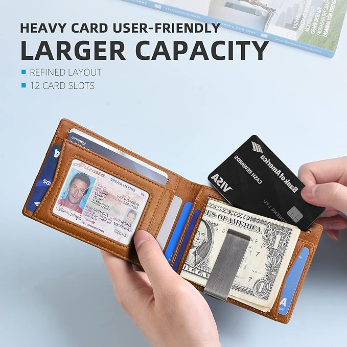 Zitahli Money Clip Wallets for Men,Slim Bifold Wallet 10-12 Cards, Mens Leather Wallet with ID Window,RFID Blocking Thin Minimalist Credit Card Holder,Gifts for Him - Image 2