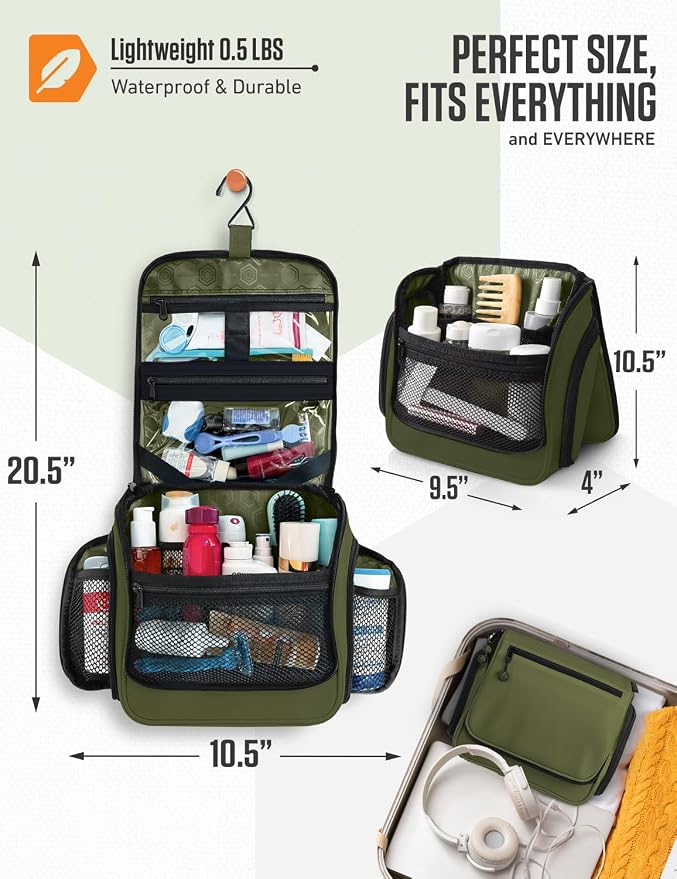 VENTURE 4TH Hanging Travel Toiletry Bag, 18 Compartments - Forest Green | Hangs on rails, hooks or doors; stands upright. Removable TSA pouch. Water-resistant Nylon 290D Twill, reinforced stitching. - Image 2
