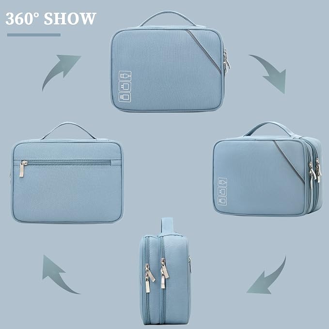 Lanola Custom Personalized Travel Cable Organizer Bag, Electronic Accessories Case Portable Double Layer Cable Storage Bag with DIY Dividers & Custom Photo Text - Light blue - Image 3