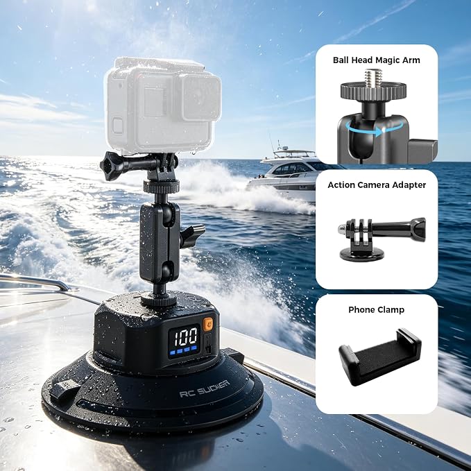 4.5" Electric Vacuum Suction Cup Camera Mount, 1/4" Thread Heavy-Duty Car Windshield Mount with Ball Head, 110LB Load for GoPro, Action Camera, Phone & DSLR Vlogging - Image 9