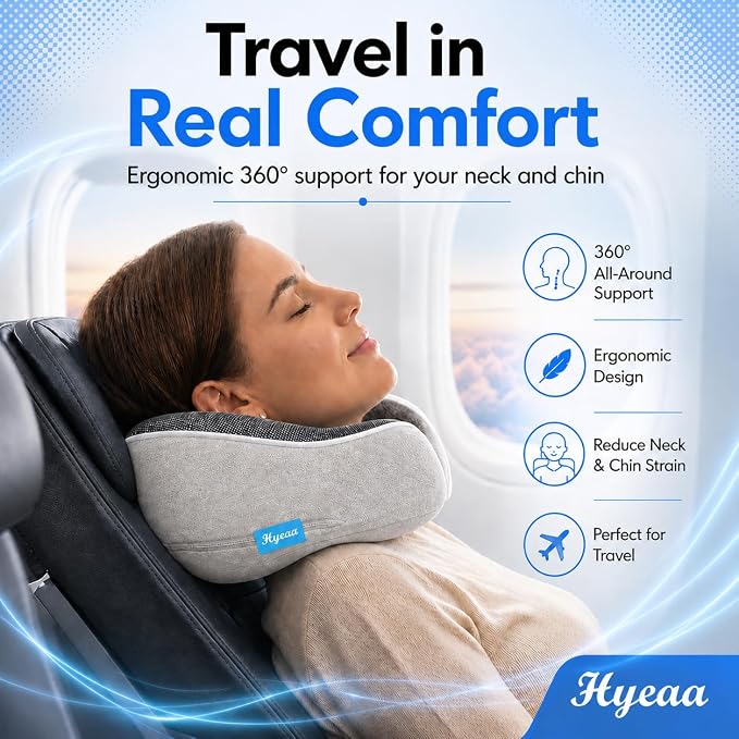 Travel Pillows for Airplanes - Memory Foam Neck Pillow for Sleeping and Travel - 360° Support Airplane Pillow Set with Eye Mask, Earplugs & Luggage Scale, Portable Travel Essentials. Light Grey - Image 2