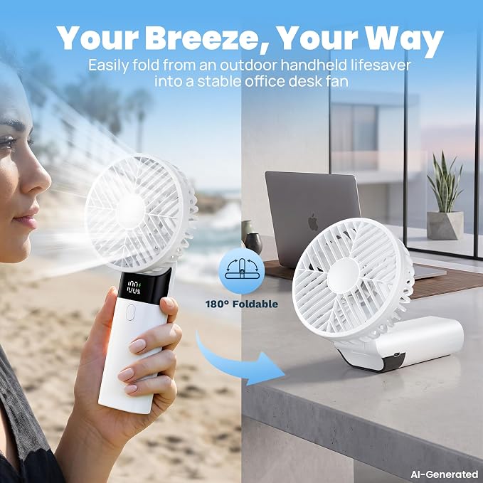 HAWANA Handheld Fan Rechargeable, Portable Mini Fan with 3000mAh Battery, Up to 10H Runtime, 180° Foldable Personal Fan, USB Travel Fan for Pocket, Office, Bedroom, Camping - Image 2