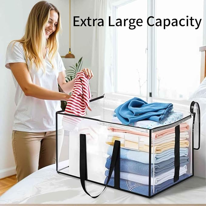 4 Pack-Extra Large Heavy Duty Moving Bags - Waterproof Storage Totes with Handles & Zippers, Foldable for College Dorm, Storage (Clear) - Image 7