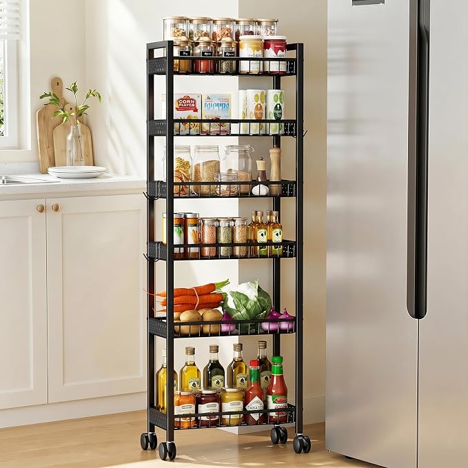 6 Tier Slim Storage Cart, Narrow Rolling Cart with Wheels, 6in(W) | Narrow Mobile Utility Shelf Unit Organizer for Kitchen, Bathroom, Laundry Room, Living Room, Small Places, Black by Kssiaz