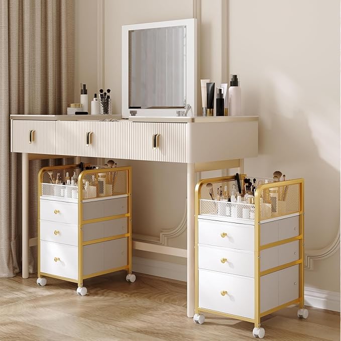 Rolling Makeup Organizer Cart with 3 Drawers Under Desk Storage | Vanity Cart Bathroom Storage Cart Cosmetic Vanity Display Cases Holder for Nail Polish Brush Hair Tool by ZQUYAJ