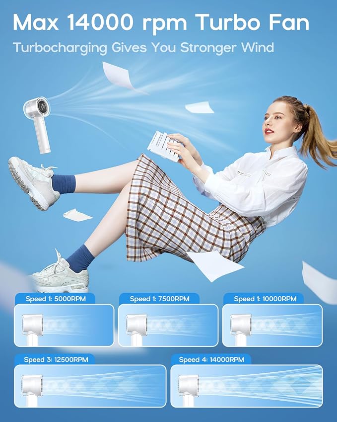 EasyAcc Handheld Turbo Fan with Built-in Battery, 5-Speed Strong Airflow, Up to 19H Runtime, 3-in-1 Personal Cooling Fan with Air Turbo Technology for Travel and Outdoor Work - Image 3
