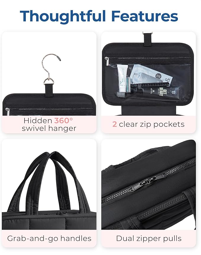 BAGSMART Travel Toiletry Bag with Jewelry Organizer, Hanging Travel Bag for Toiletries, Puffy Makeup Cosmetic Bag Organizer, Carry-on Travel Accessories Essentials, Black-L - Image 5