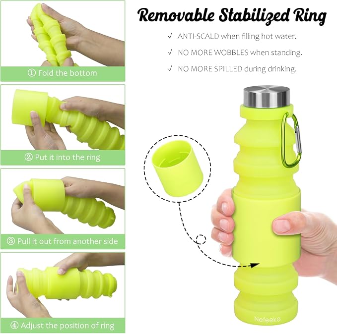 Nefeeko Collapsible Water Bottle, Reuseable BPA Free Silicone Water Bottles | Foldable Water Bottles for Travel Gym Camping Hiking, Portable Leak Proof Sports Water Bottle with Carabiner - Image 5
