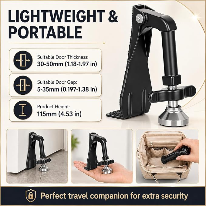 Portable Door Stopper Door Lock for Travel Anti Theft Door Blocker, Security Door Stoppers for Bottom of Door, No Drill Safety Doors Stopper Hotel Door Locks for Travelers Security (Black) - Image 4