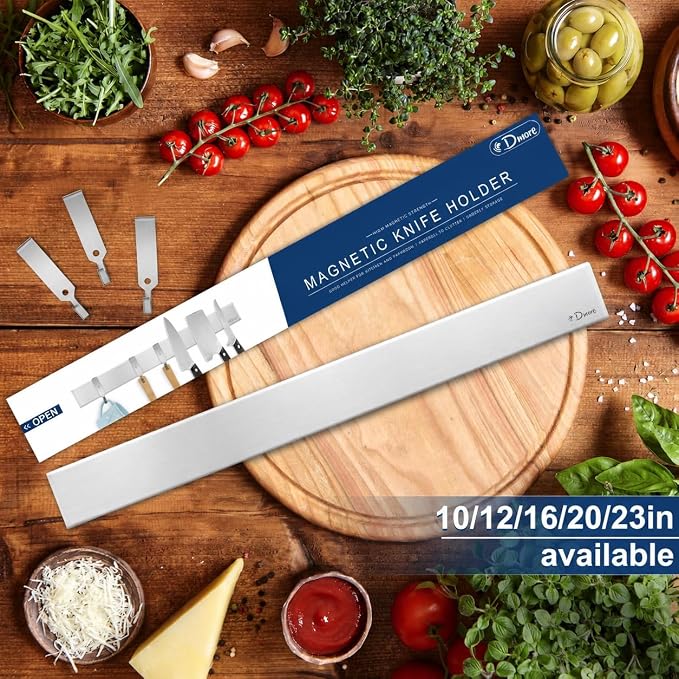 Dmore magnetic knife holder for wall—with 3 hooks, No Drilling 16 Inch silver knife magnetic strip, Powerful knife magnet rack, include Adhesive Tape and screws for Knives, Utensils, and Tools - Image 2